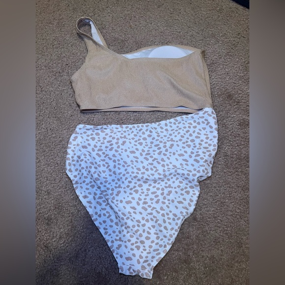 Tan One-Shoulder Bikini Top and White Leopard Print Bottoms - Picture 2 of 3